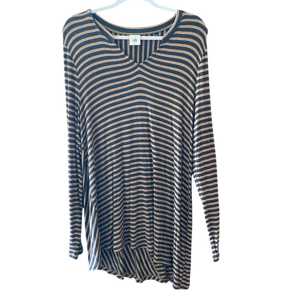Cabi Striped Slant Tunic Tee Style 3629 Black Brown Womens Size Large - Picture 2 of 7